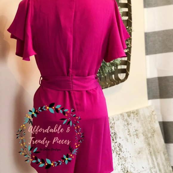 She And Sky Pink Romper + Zipper Back + Waist Tie - Picture 3 of 3